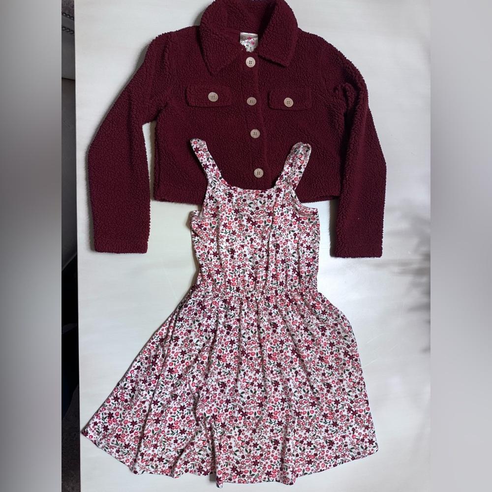 Chic Floral Dress with Burgundy Jacket